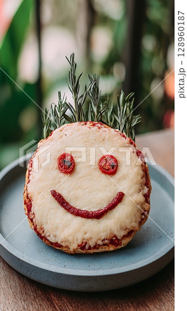 Happy Face Pizza with Rosemary Crown and Tomato Eyes. 128960187