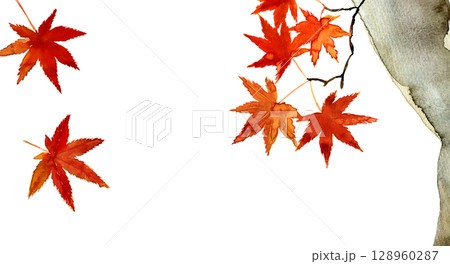 鮮やかな紅葉の水彩フレーム。手描きの紅葉素材 128960287
