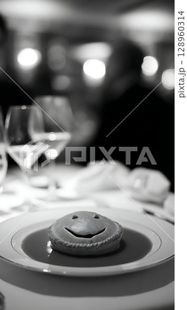 A Whimsical Pie with a Happy Face Served at a Fancy Dinner. 128960314