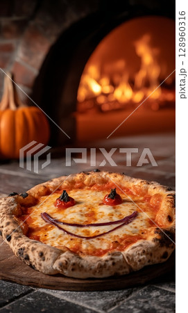Cheerful Pizza with a Pumpkin and Fireplace in the Background. 128960316