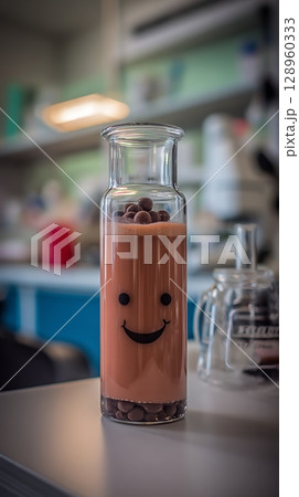 Chocolate Drink in a Fun Glass Bottle With a Happy Face. Chocolate Drink in a Fun Glass Bottle With a Happy Face. 128960333