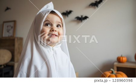 Happy Child in Ghost Costume Celebrating Halloween with Pumpkins and Bats in Cozy Room 128960398