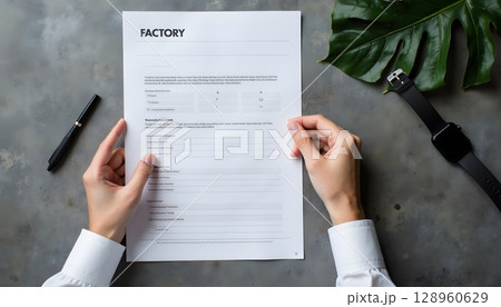 Professional Hands Holding Document with Header and Leafy Background in Modern Office Setting 128960629