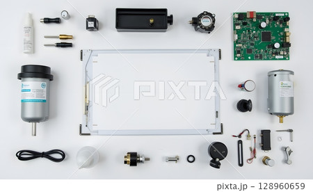 Various Electronic Components and Devices Arranged on Table Top for Assembly and Repair Work Various Electronic Components and Devices Arranged on Table Top for Assembly and Repair Work 128960659