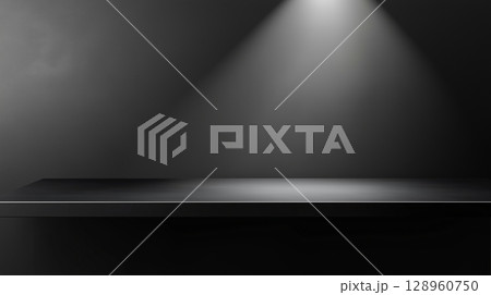 Black steel countertop shelf with spotlight and black wall for product display promotion 128960750