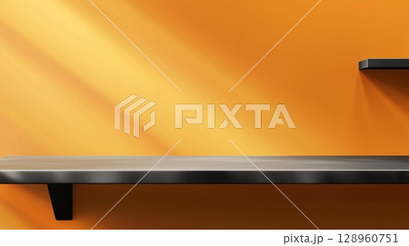 Black steel countertop shelf with spotlight and yellow wall for product display promotion 128960751