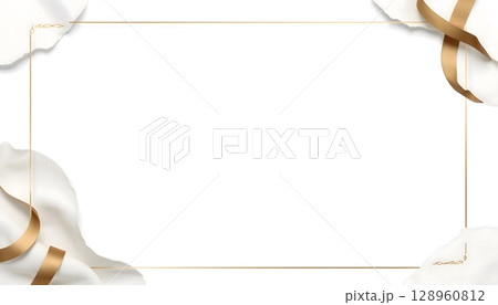 Elegant White Background with Gold Frame and Satin Ribbons for Stylish Presentations and Designs 128960812