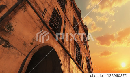 Shadow building architecture structure sunset exterior yellow scene 128960875