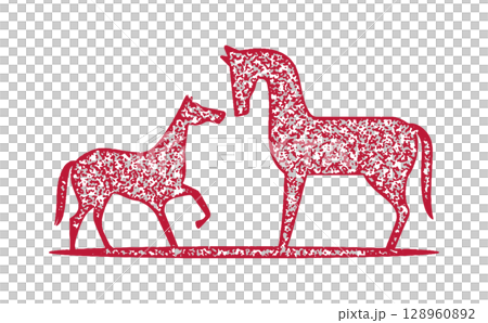 母馬和小馬的新年賀卡郵票風格插圖 母馬和小馬的新年賀卡郵票風格插圖 128960892