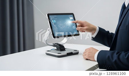 businessman working with tablet computer and microscope in office, close up. Ai Generative Image 128961100