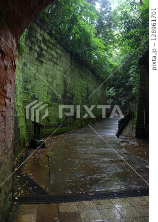 路面が濡れた雨上がりの猿島 要塞跡（神奈川県 横須賀市） 128961701