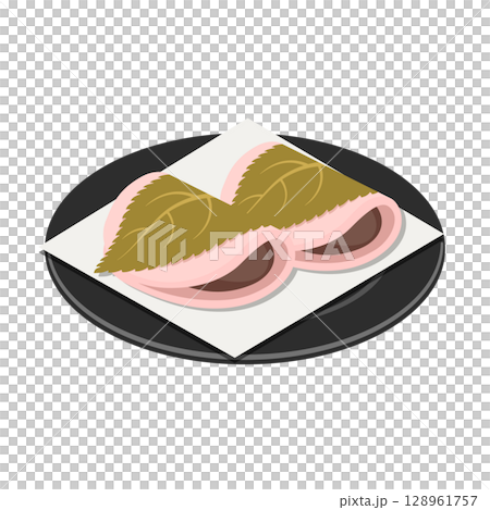 桜餅（関東風）2個（黒い丸皿＋白い懐紙盛り）- フラットアイソメトリックイラスト 128961757