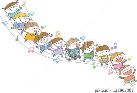 五線譜の上を多様な子どもたちが笑顔で行進するイラスト|音楽でつながるインクルーシブな世界 五線譜の上を多様な子どもたちが笑顔で行進するイラスト|音楽でつながるインクルーシブな世界 128962008