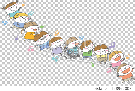 五線譜の上を多様な子どもたちが笑顔で行進するイラスト|音楽でつながるインクルーシブな世界 五線譜の上を多様な子どもたちが笑顔で行進するイラスト|音楽でつながるインクルーシブな世界 128962008