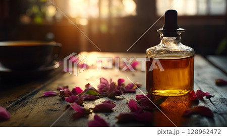 Dropper oil bottle with scattered petals and glass of herbal tea . 128962472