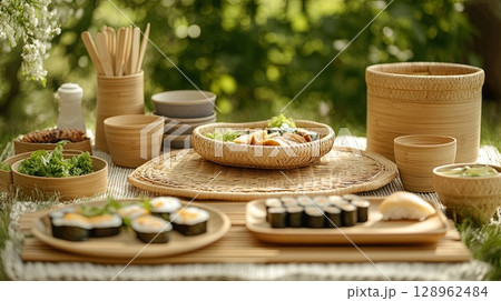 A picnic table set with organic food, plates, and cups made of bamboo, creating a zero-waste dining experience. . 128962484