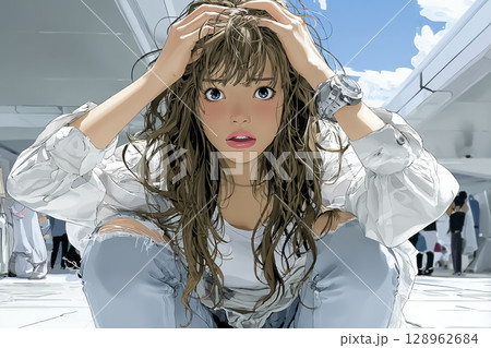 熱中症で頭を抱える若い女性のイラスト素材（夏・屋外） 128962684