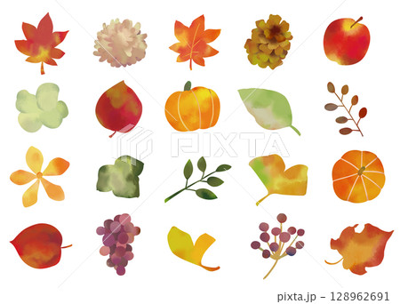 いろんな形の秋の水彩素材セット 128962691