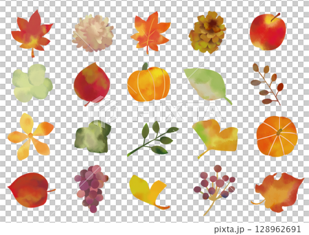 いろんな形の秋の水彩素材セット 128962691