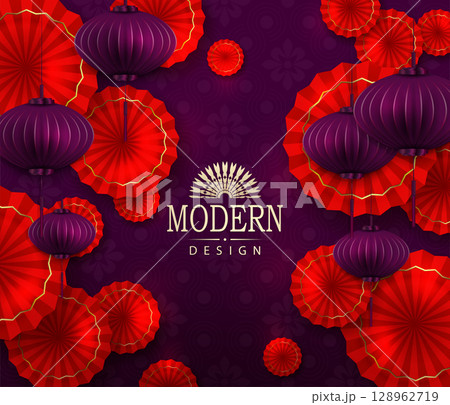 Chinese New Year. Exquisite purple illustration with red fans with a golden border 128962719