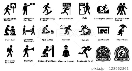 緊急時の行動を示すピクトグラム、Emergency Behavior Icons 緊急時の行動を示すピクトグラム、Emergency Behavior Icons 128962861