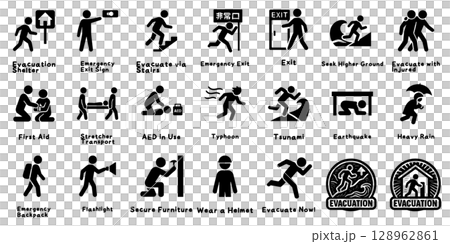 緊急時の行動を示すピクトグラム、Emergency Behavior Icons 緊急時の行動を示すピクトグラム、Emergency Behavior Icons 128962861