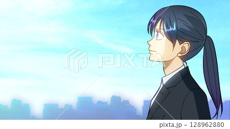 都会で青空を見上げる制服の女子学生または社会人の横顔左向きアニメ風イラスト、左に余白 都会で青空を見上げる制服の女子学生または社会人の横顔左向きアニメ風イラスト、左に余白 128962880