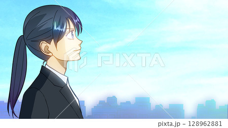 都会で青空を見上げる制服の女子学生または社会人の横顔右向きアニメ風イラスト、右に余白 都会で青空を見上げる制服の女子学生または社会人の横顔右向きアニメ風イラスト、右に余白 128962881