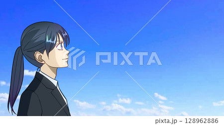 青空を見上げる制服の女子学生または社会人の横顔右向きアニメ風イラスト、右に余白 128962886