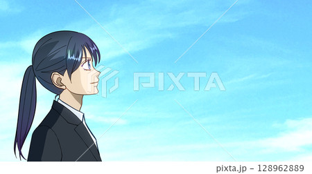 青空を見上げる制服の女子学生または社会人の横顔右向きアニメ風イラスト、右に余白 128962889