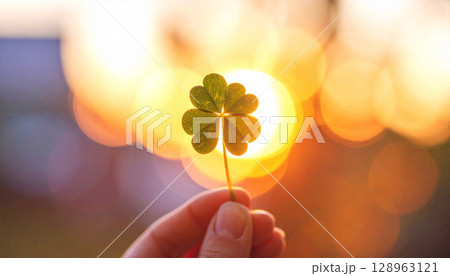 夕日に照らされる四つ葉のクローバーと幸せの象徴 夕日に照らされる四つ葉のクローバーと幸せの象徴 128963121
