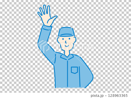 Worker raising his hand to greet Worker raising his hand to greet 128963365