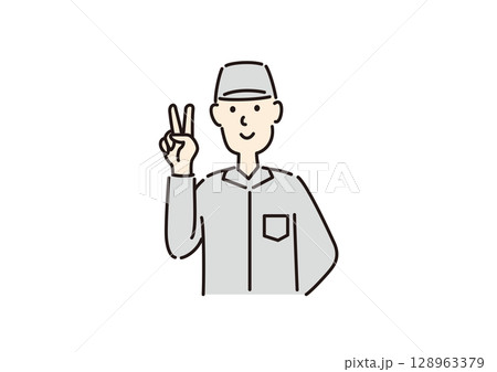 ピースサインをする作業員 ピースサインをする作業員 128963379