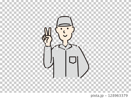 ピースサインをする作業員 ピースサインをする作業員 128963379