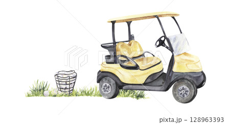 Golf cart with bucket of balls on grass in watercolor style Golf cart with bucket of balls on grass in watercolor style 128963393