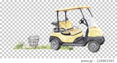 Golf cart with bucket of balls on grass in watercolor style Golf cart with bucket of balls on grass in watercolor style 128963393