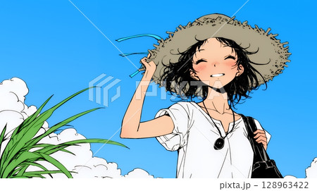 夏休みの思い出：海辺の町への一人旅（シンプルな色使い）