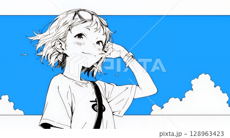 夏休みの思い出：海辺の町への一人旅（シンプルな色使い）