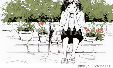 夏休みの思い出：海辺の町への一人旅（シンプルな色使い）
