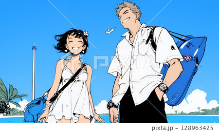 夏休みの思い出：恋人と海水浴に行く（シンプルな色使い）