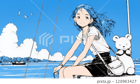 夏休みの思い出：海辺の町への一人旅（シンプルな色使い）