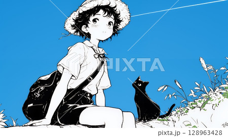 夏休みの思い出：海辺の町への一人旅（シンプルな色使い）