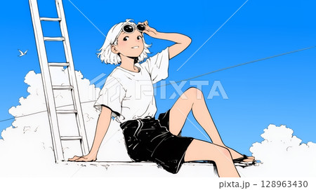 夏休みの思い出：海辺の町への一人旅（シンプルな色使い）