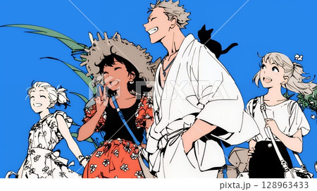 夏休みの思い出：友達と海水浴に行く（シンプルな色使い）