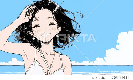 夏休みの思い出：海辺の町への一人旅（シンプルな色使い）