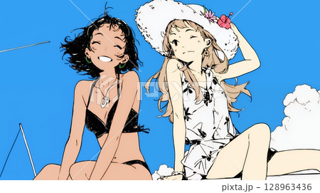 夏休みの思い出：友達と海水浴に行く（シンプルな色使い）