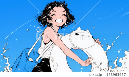 夏休みの思い出：友達と海水浴に行く（シンプルな色使い）