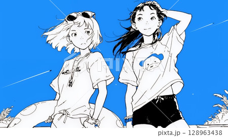 夏休みの思い出：友達と海水浴に行く（シンプルな色使い） 128963438