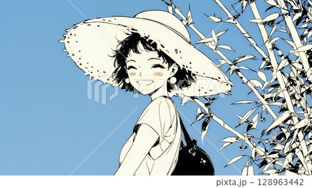 夏休みの思い出：海辺の町への一人旅（シンプルな色使い）