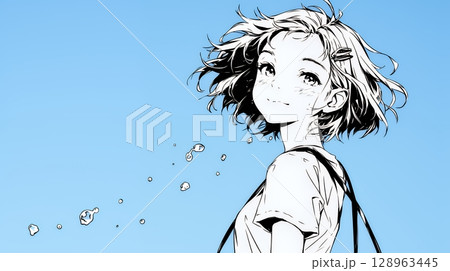 夏休みの思い出：海辺の町への一人旅（シンプルな色使い）